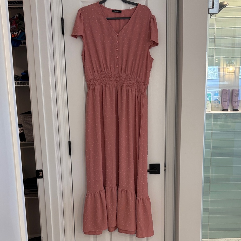 Dusty Rose Midi Dress cap sleeves with cinched waist